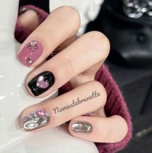 3D Pink Hearts Stars Rhinestone Press On Nails